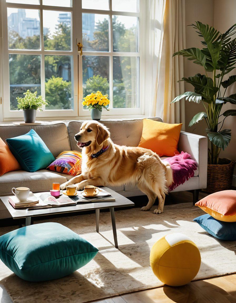 A vibrant and cozy living room scene with a plush couch covered in colorful cushions, surrounded by framed whimsical artwork. A cheerful golden retriever plays with a colorful ball on a sunny day, while a steaming cup of tea sits on a coffee table, next to an open book titled 'Cheerful Series'. Bright sunlight filters through large windows, illuminating the joyful atmosphere. super-realistic. vibrant colors. warm lighting.