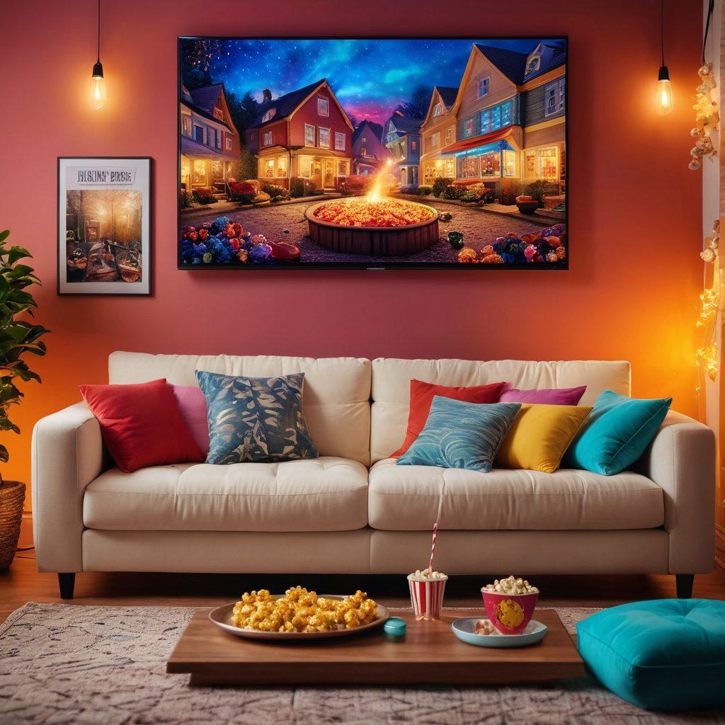 A cozy living room scene with a plush couch, overflowing with colorful cushions, where a person is smiling while streaming on a large screen. Surround the scene with snacks like popcorn and fizzy drinks, and include a warm glow from fairy lights. The walls can have posters of joyful movies and shows. The atmosphere should radiate happiness and relaxation. vibrant colors. super-realistic.