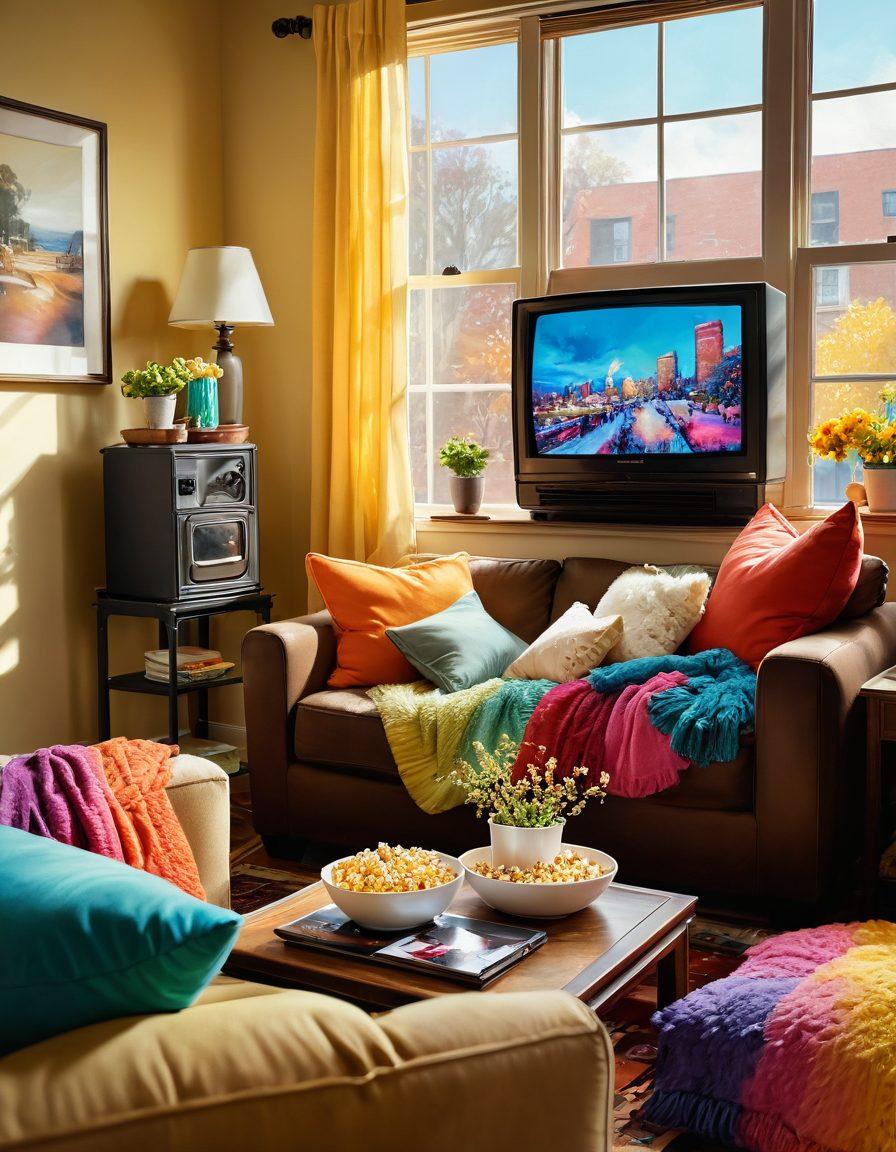 A cozy living room scene with a plush couch piled high with colorful throw pillows, a steaming bowl of popcorn, and a vintage TV displaying vibrant characters from joyful series. Warm soft lighting enhances the inviting atmosphere, while a window shows a sunny day outside, suggesting happiness and relaxation. The colors are bright and uplifting. painting. vibrant colors. cozy and inviting.